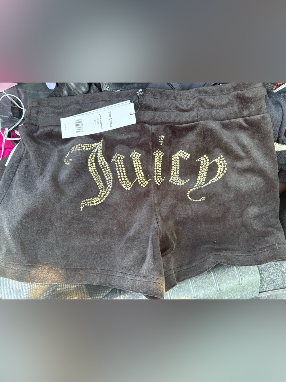 New Juicy Couture Women's Black Velour Logo Shorts with Rhinestones